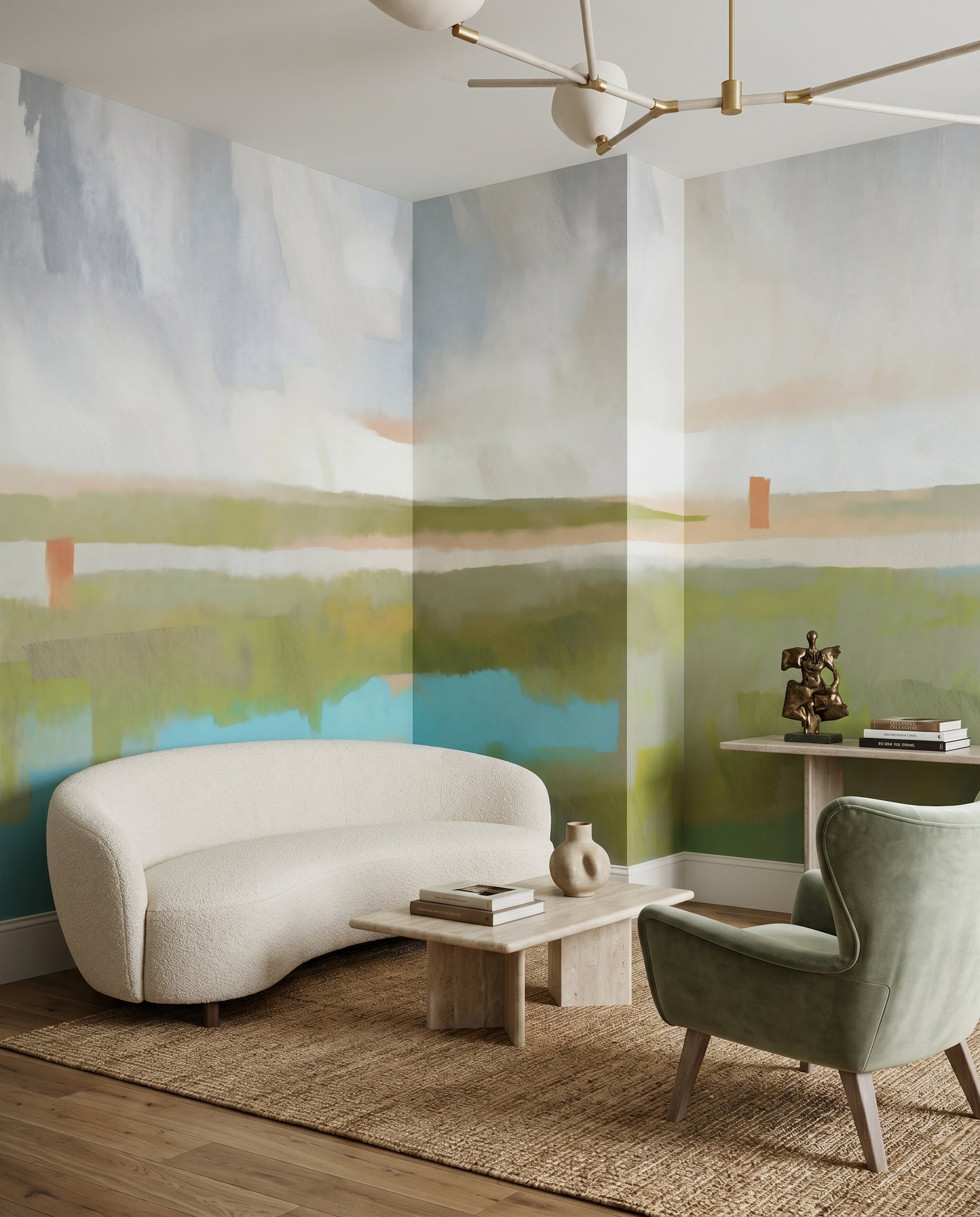 Living room set against the Velvet Dawn wall mural with a calm wetland view.