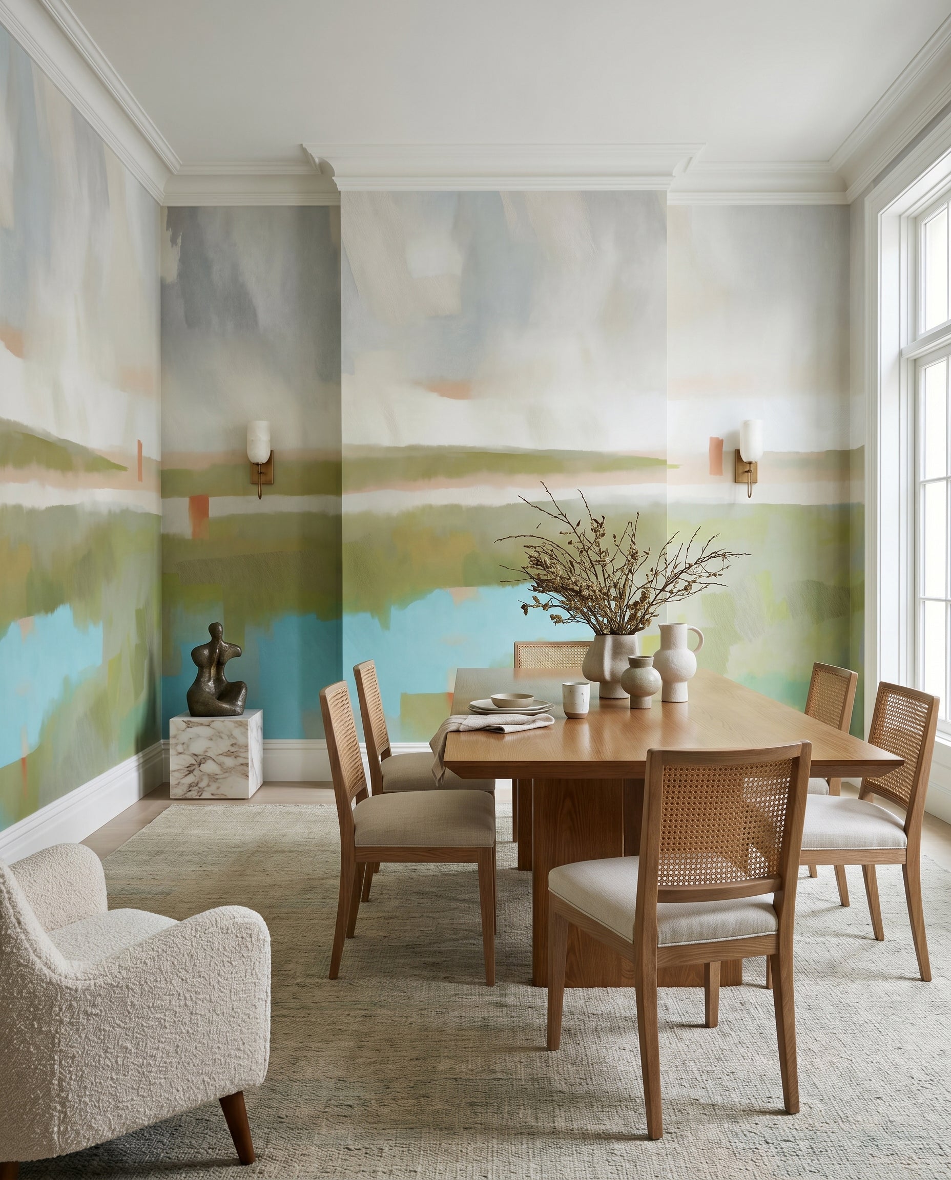Dining room takes a misty cue from this landscape wall mural in meadow greens