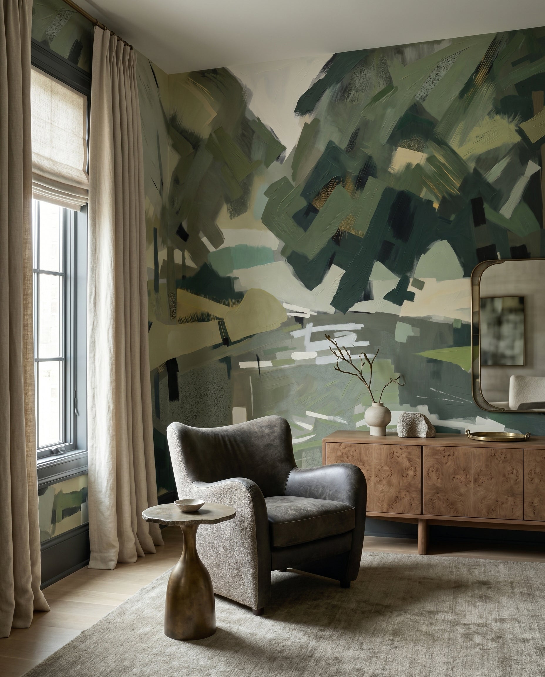 Restful woodland feel fills a Living room thanks to the Velvet Forest wall mural.