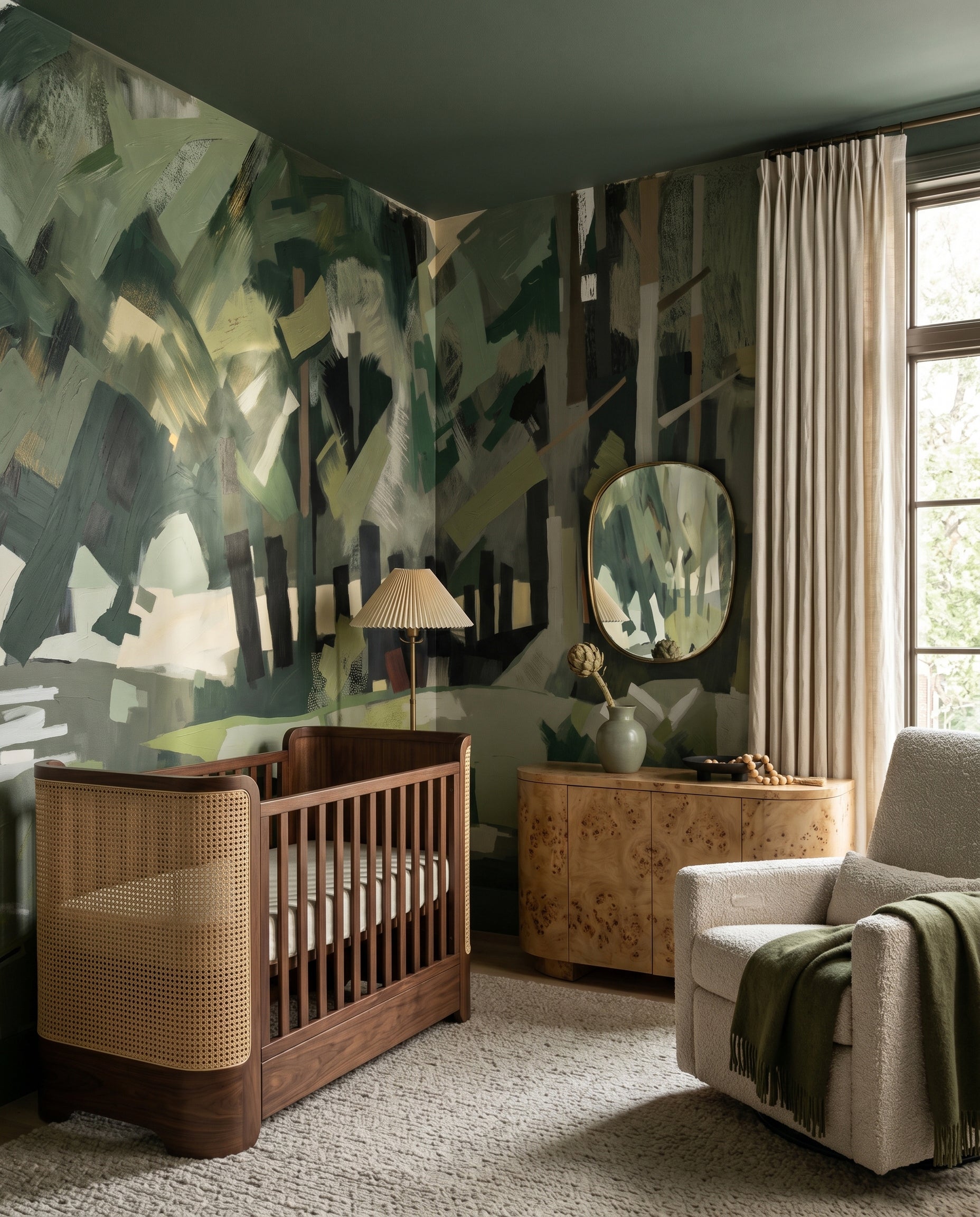 Brushy trees and pale water in the Velvet Forest wall mural suit a Nursery area .