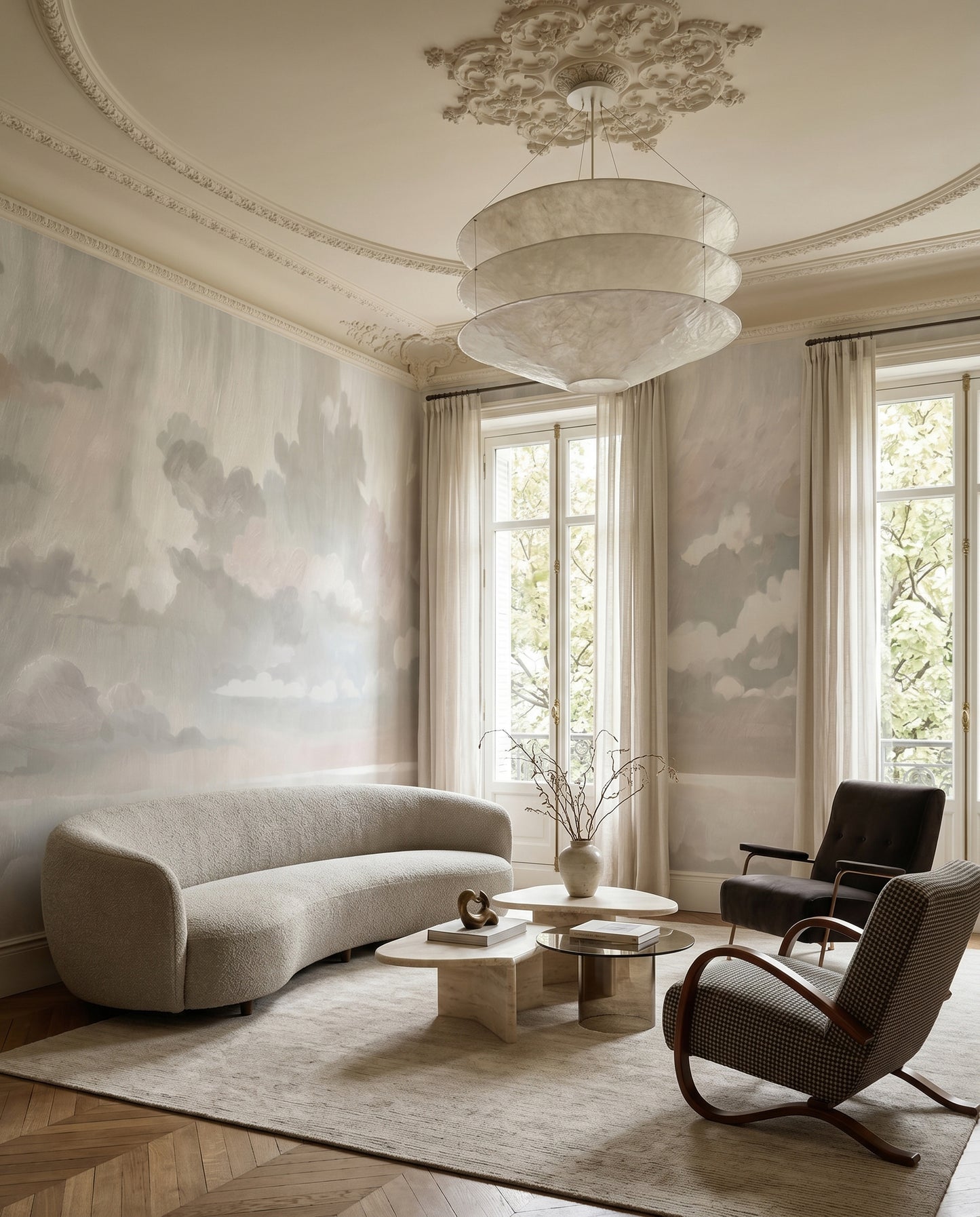 Muted cloudscape spreads through a Living room set with the Smoke wall mural.
