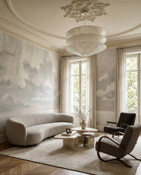 Muted cloudscape spreads through a Living room set with the Smoke wall mural.