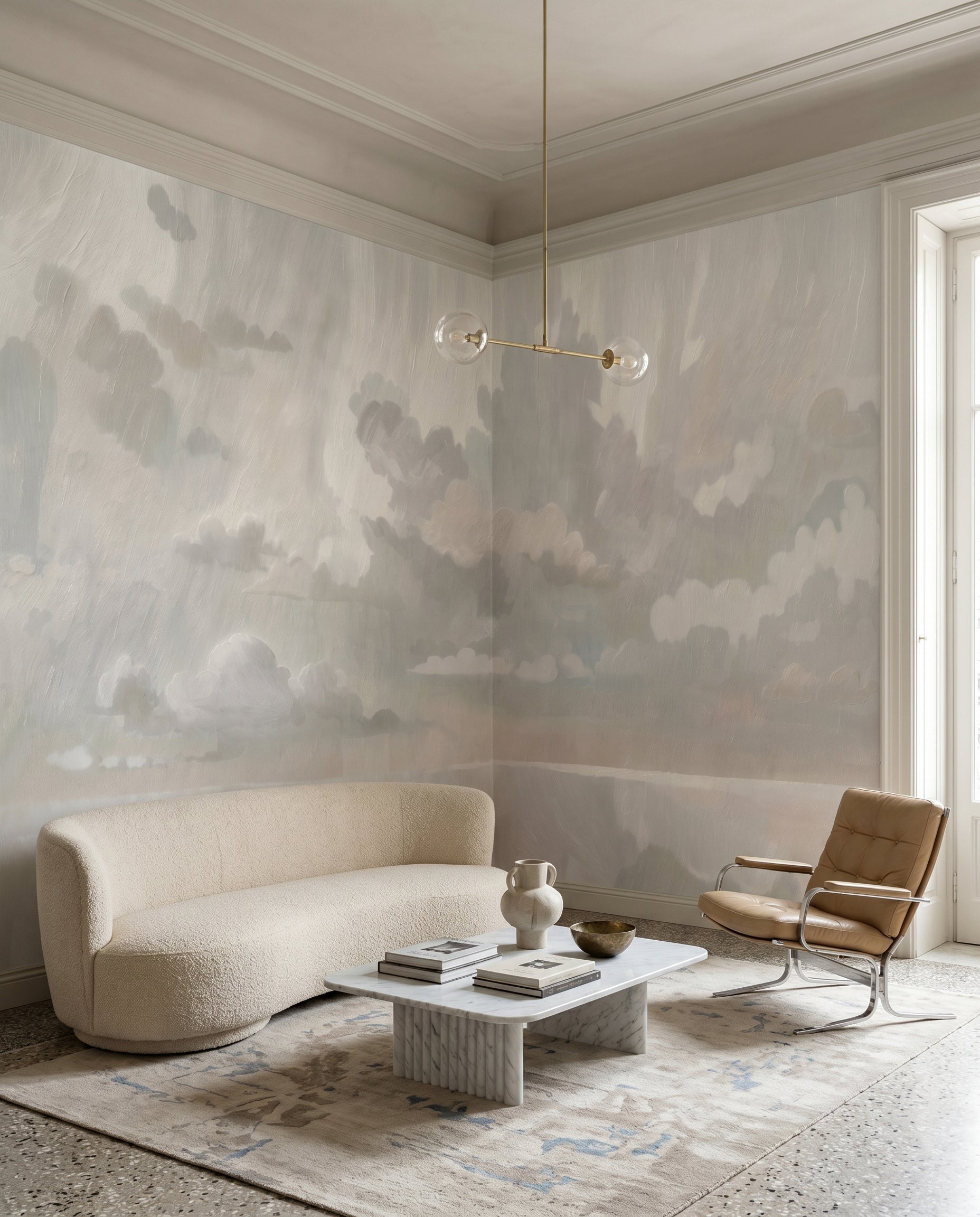 Velvet Smoke wall mural sets a calm tone across a neutral living room.