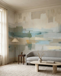 Quiet Living room retreat with Velvet Dusk wall mural across the bedhead zone
