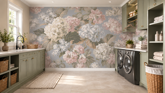 Vintage hydrangea botanical mural in a sage green laundry room with washer GD12871