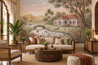 Botanical wallpaper in a warm living room with a rattan sofa and round table GD13084