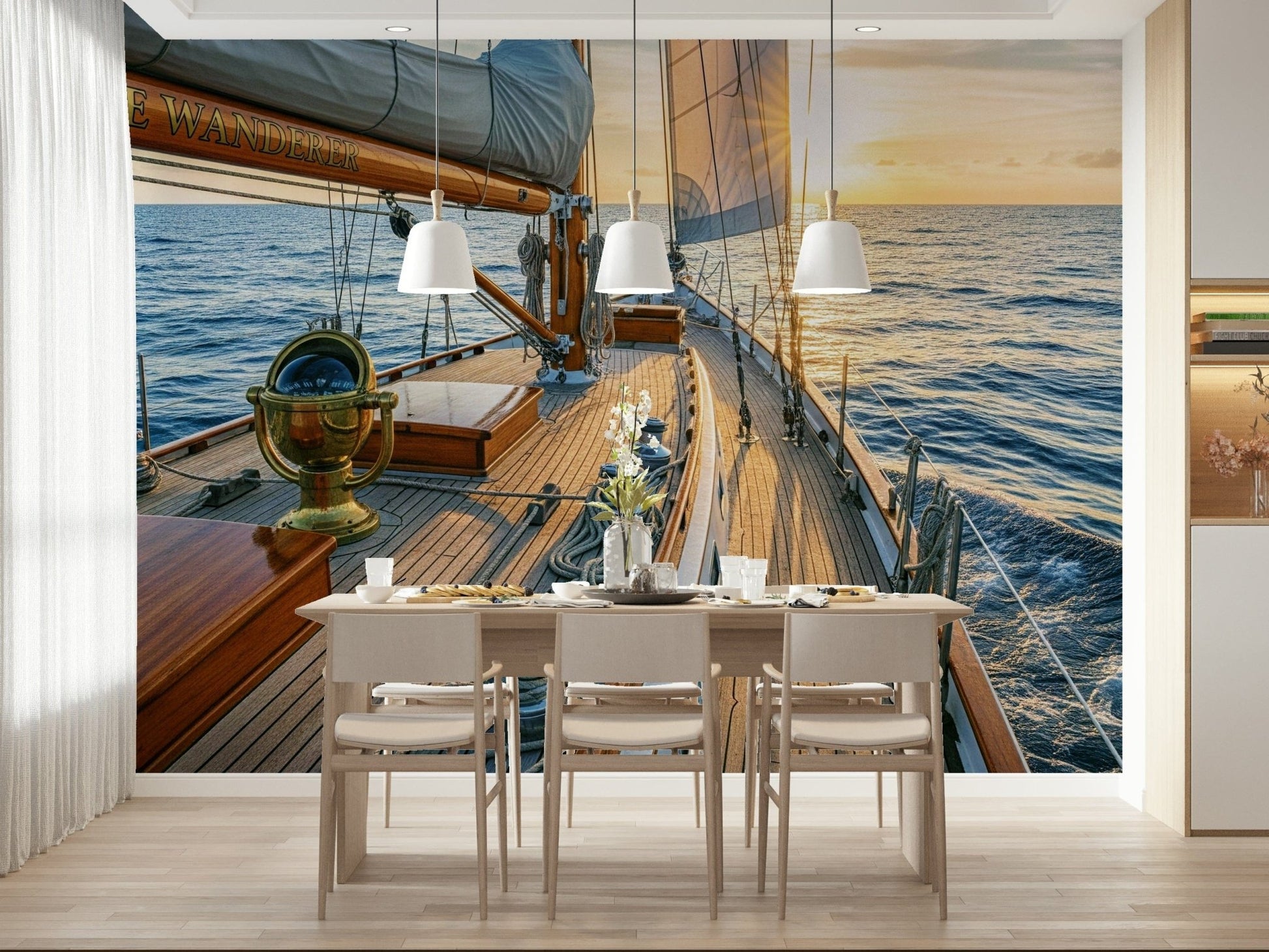 Seascape wall mural in dining area, modern coastal wall decor with waves