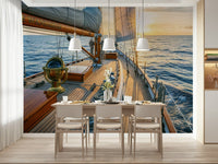 Seascape wall mural in dining area, modern coastal wall decor with waves