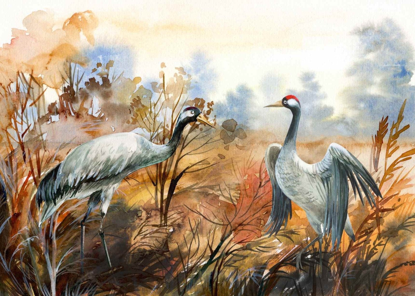 Herbstlandschaft & Crane Birds Aquarell Tapete