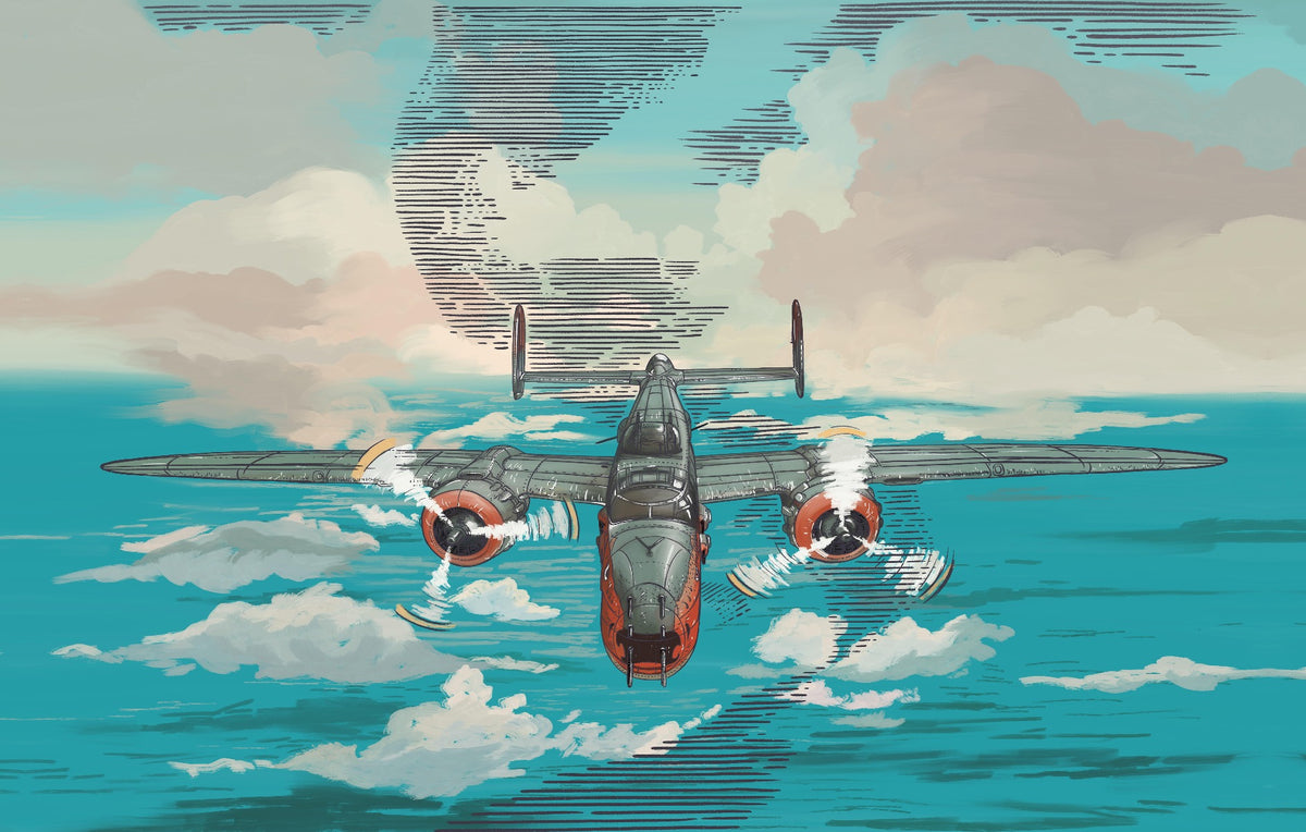 Flying Plane on Blue Ocean Wallpaper in your room — zoomed