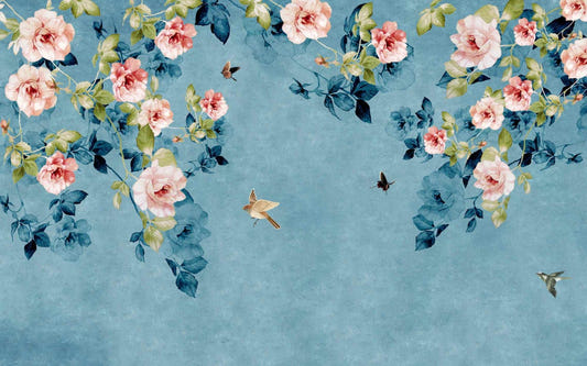Roses roses aquarelles sur papier peint bleu-vert