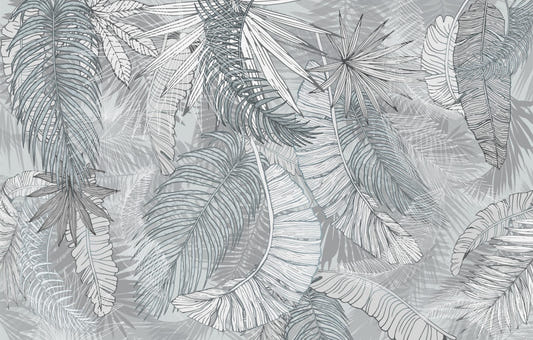 Grey & White Charcoal Leafy Illustrated Wallpaper Murals