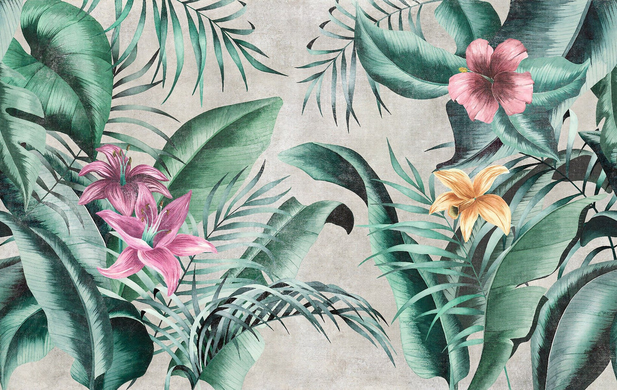 素朴な花の大きな緑の葉の壁紙壁画