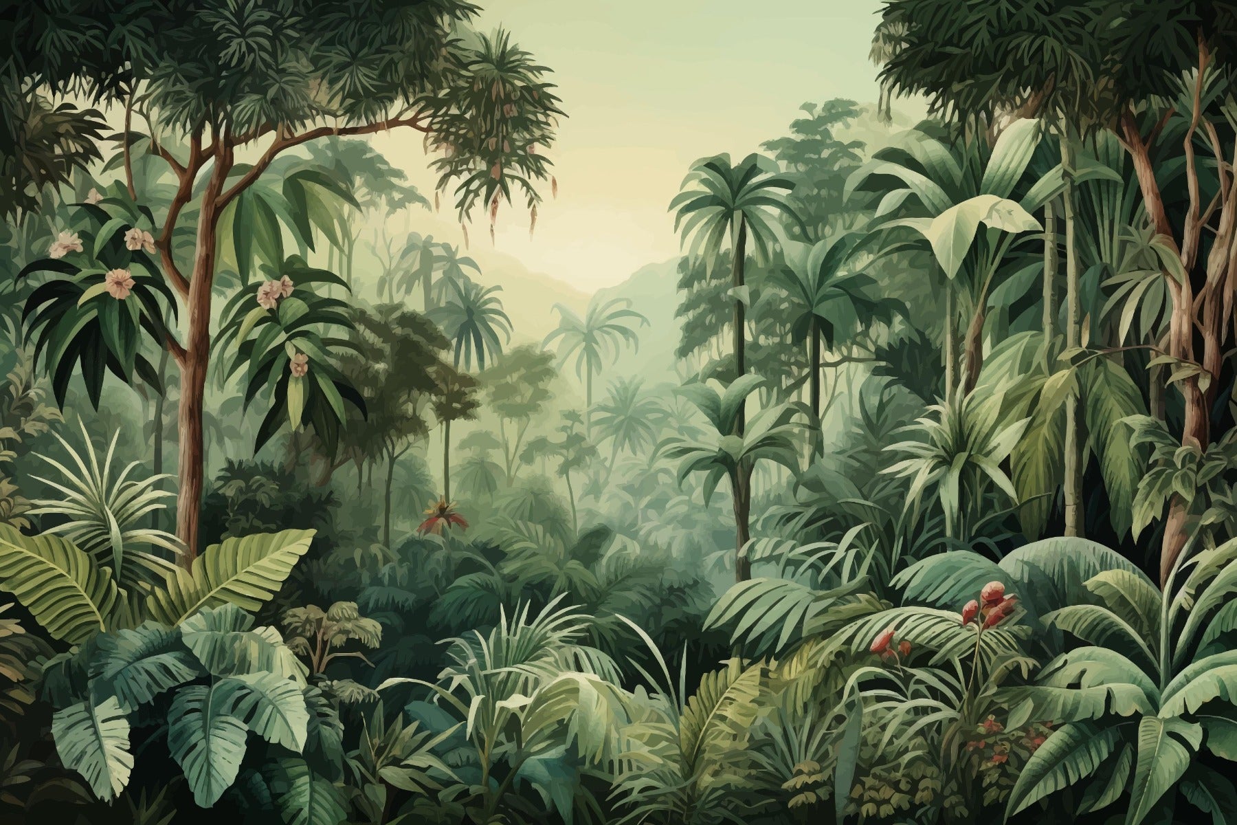 Misty Forest Bunte tropische Szene Baum Tapete Wandbild