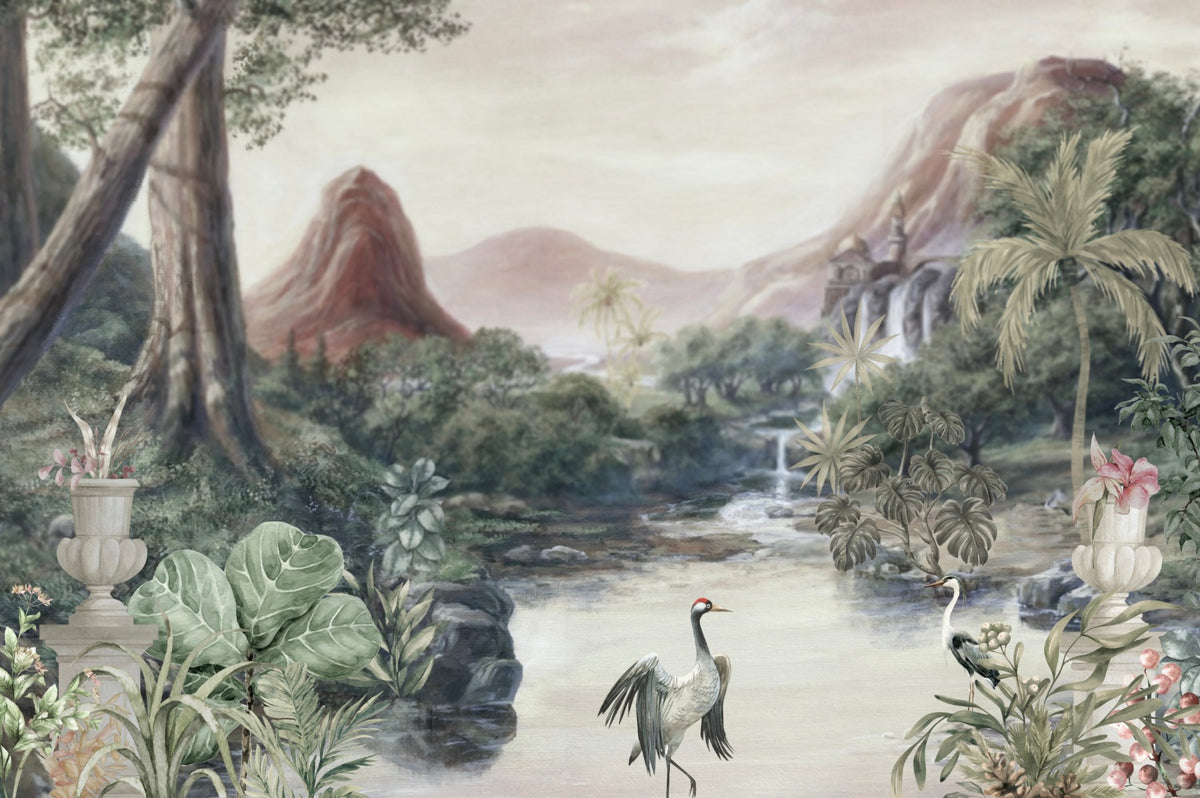 Natural Lining Serene Lake Crane Birds Wall Mural in your room — zoomed