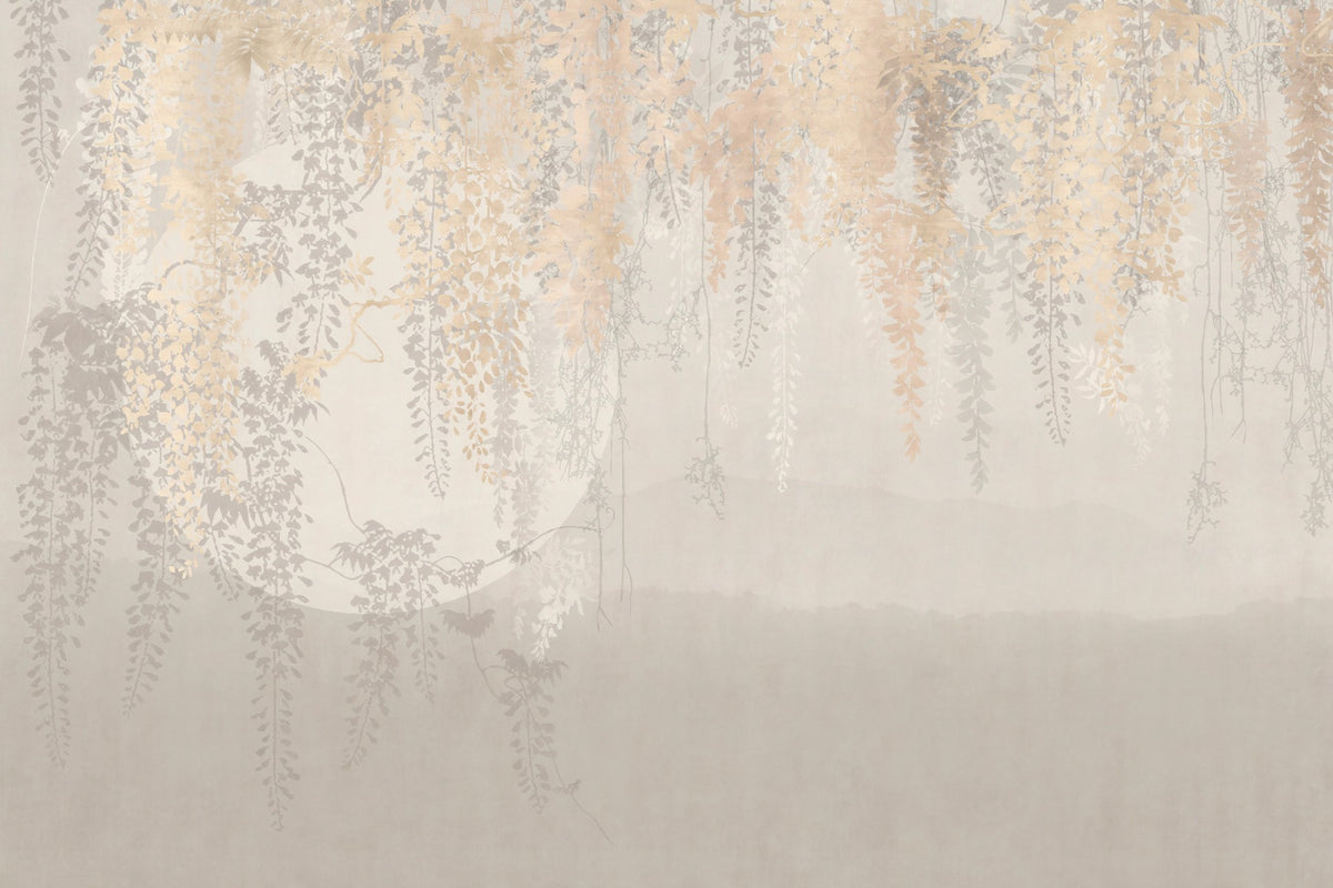 Golden and Grey Hanging Leaves Wallpaper Murals in your room — zoomed