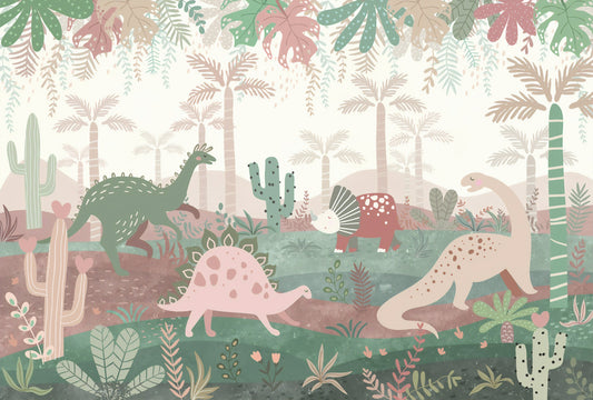 Dinosaures de couleur verte et rose appréciant du papier peint mural