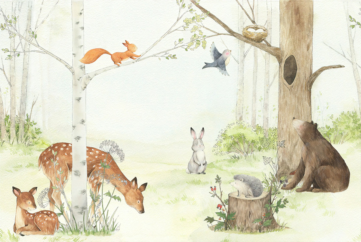 Tiere, die Wald -Tapeten -Wandbild genießen in your room — zoomed