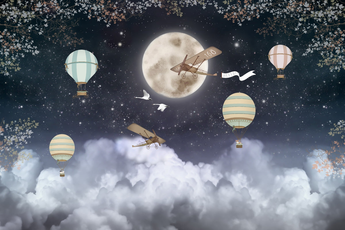 Shinny Stars Night Hot Air Balloons Muraturi Imagini de fundal in your room — zoomed