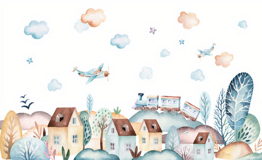 Watercolor Fun Village kids room Wallpaper Murals