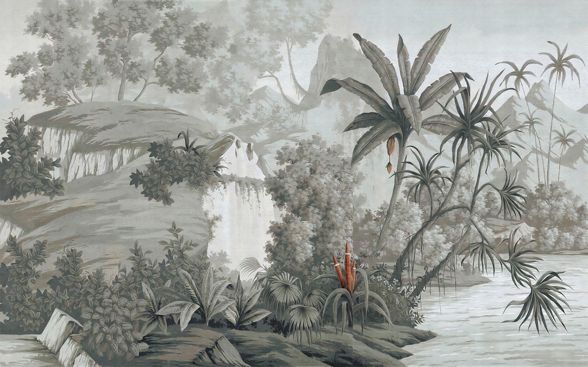 Monotone Forest with Dense Trees and Mountains Wallpaper Murals