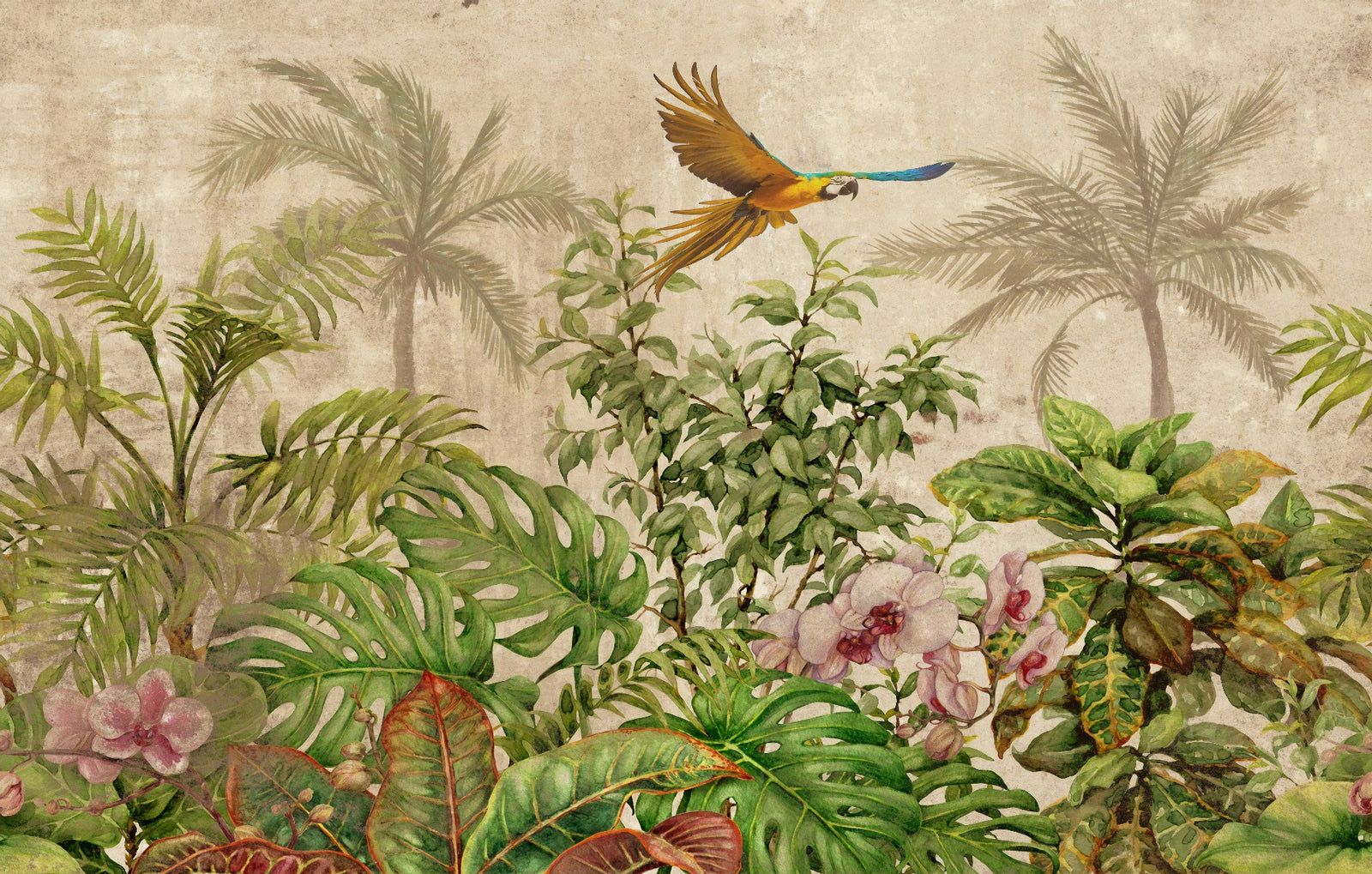 Fliers à plumes exotiques sur le papier peint de la jungle tropicale