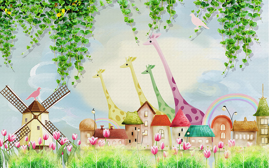 Watercolor animal farm wallpaper for kids in your room — zoomed