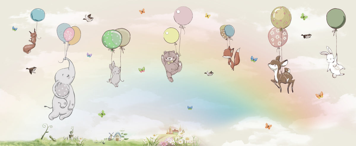 風船キッズルームの壁紙壁画付きの飛行動物 in your room — zoomed