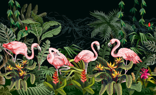 Flamingos nel murale della carta da parati della foresta scura