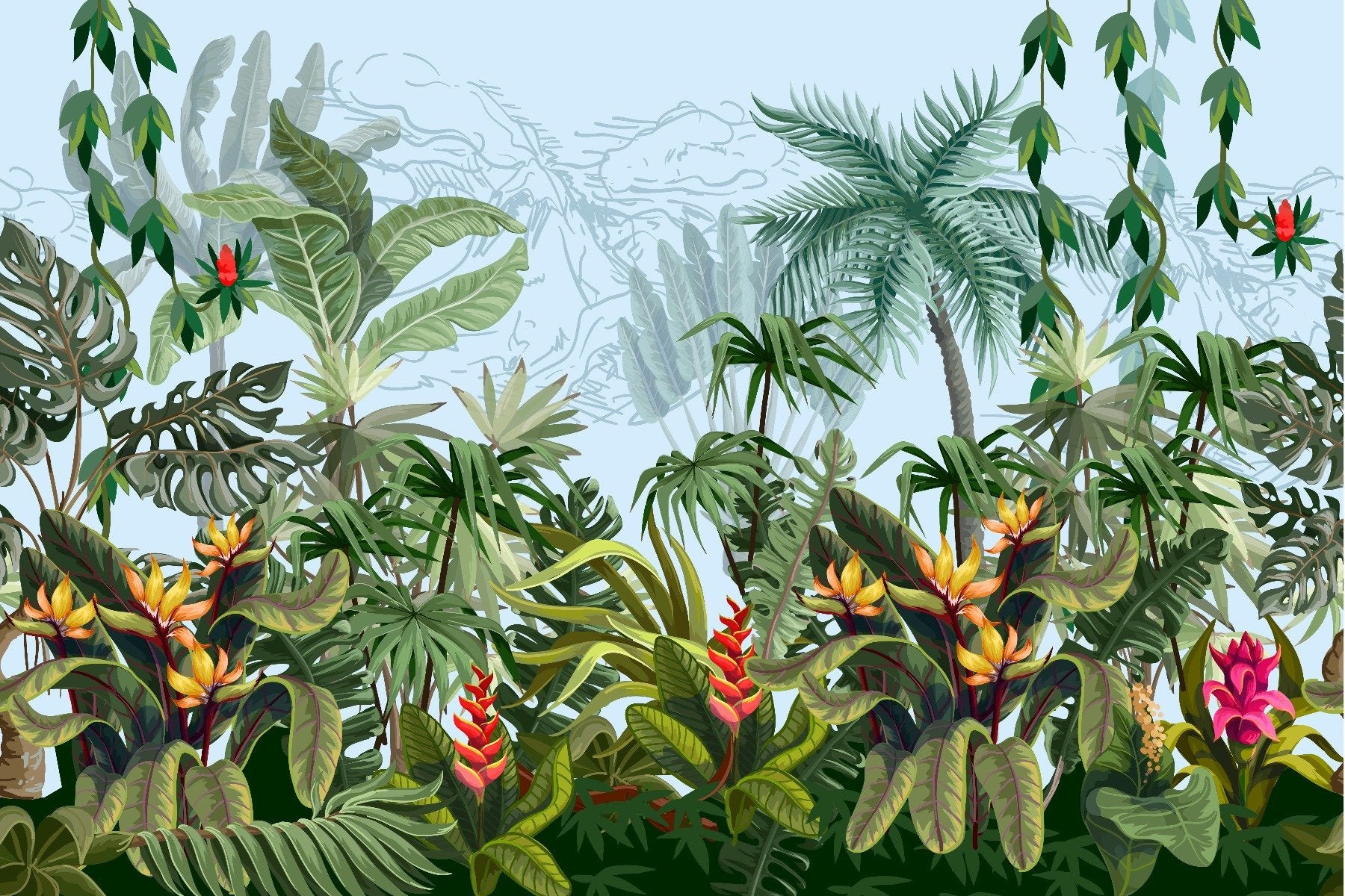Daytime Colorful Tropical Jungle Design Wallpaper Wallpaper in your room — zoomed