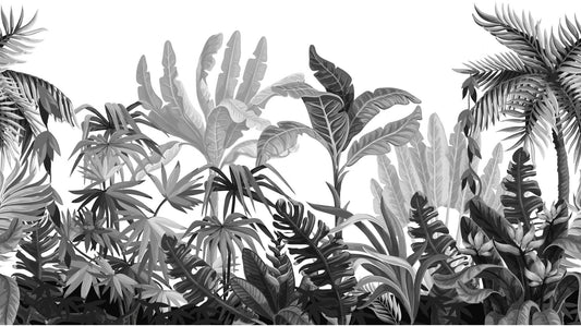 Feuilles de banane tropicale en noir et blanc.