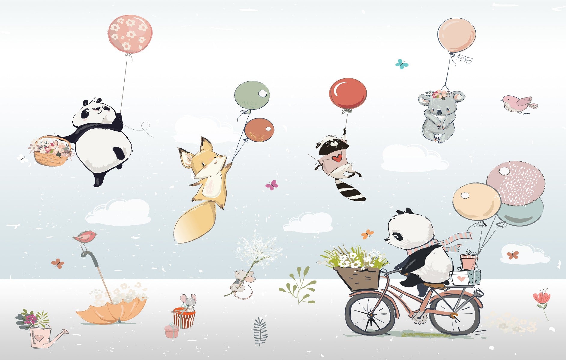 Animali volanti con palloncini nella carta da parati dell'aria Murales