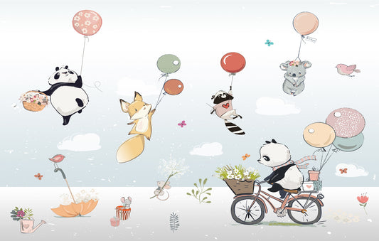 Flying Animals with Balloons in the Air Wallpaper Murals