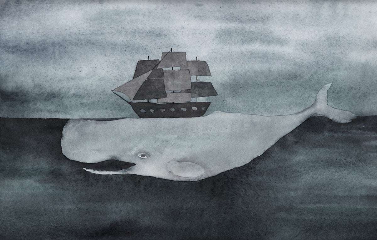 Dark Watercolor Whale design with Ship Wallpaper Murals in your room — zoomed