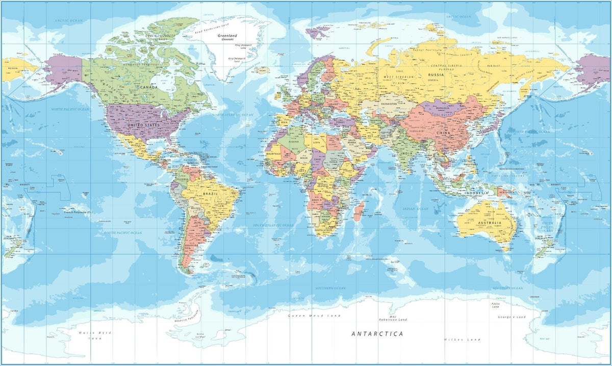 Blue World Map Wallpaper Mural in your room — zoomed