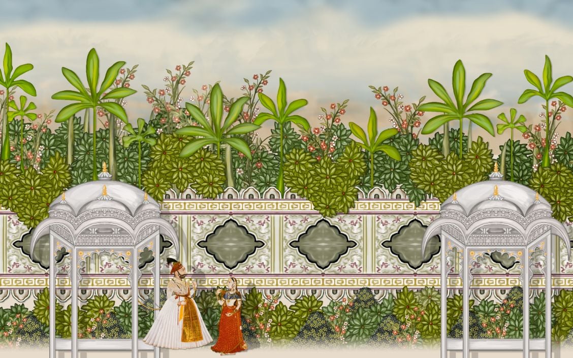 Watercolour Vintage Mughal Garden Oil Paint Wallpaper Murals in your room — zoomed