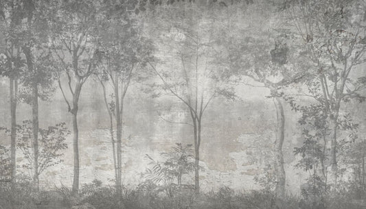 Alberi forestali sulla carta da parati del muro di pietra