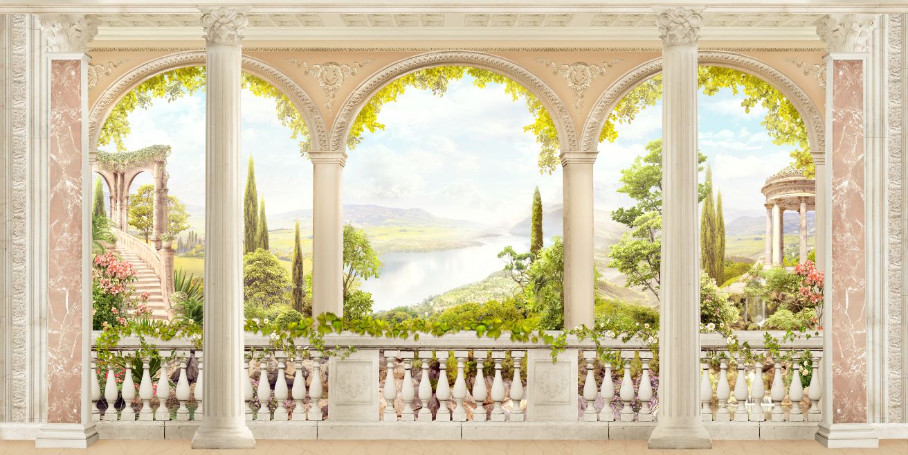 Carta da parati del balcone del paesaggio antico