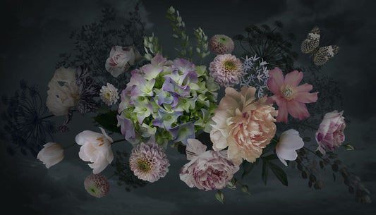 Bouquet Pfingstrosen blühen auf schwarzen Hintergrund Tapeten Wandbilder