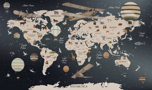 Animals world map wallpaper mural