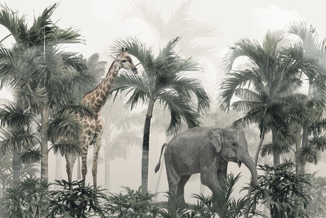 Wandgemälde Giraffe und Elefant Wallpaper