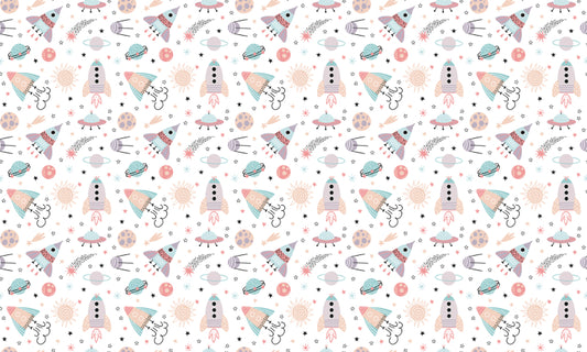 Illustrated Space Themed Rocket Kids Room Wallpaper