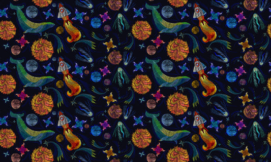 Embroidery Universe Spaceship Whale Wallpaper
