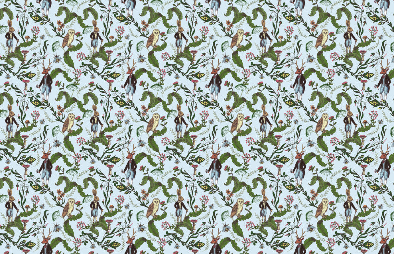 Rabbit & Owl with Green Leaves Wallpaper