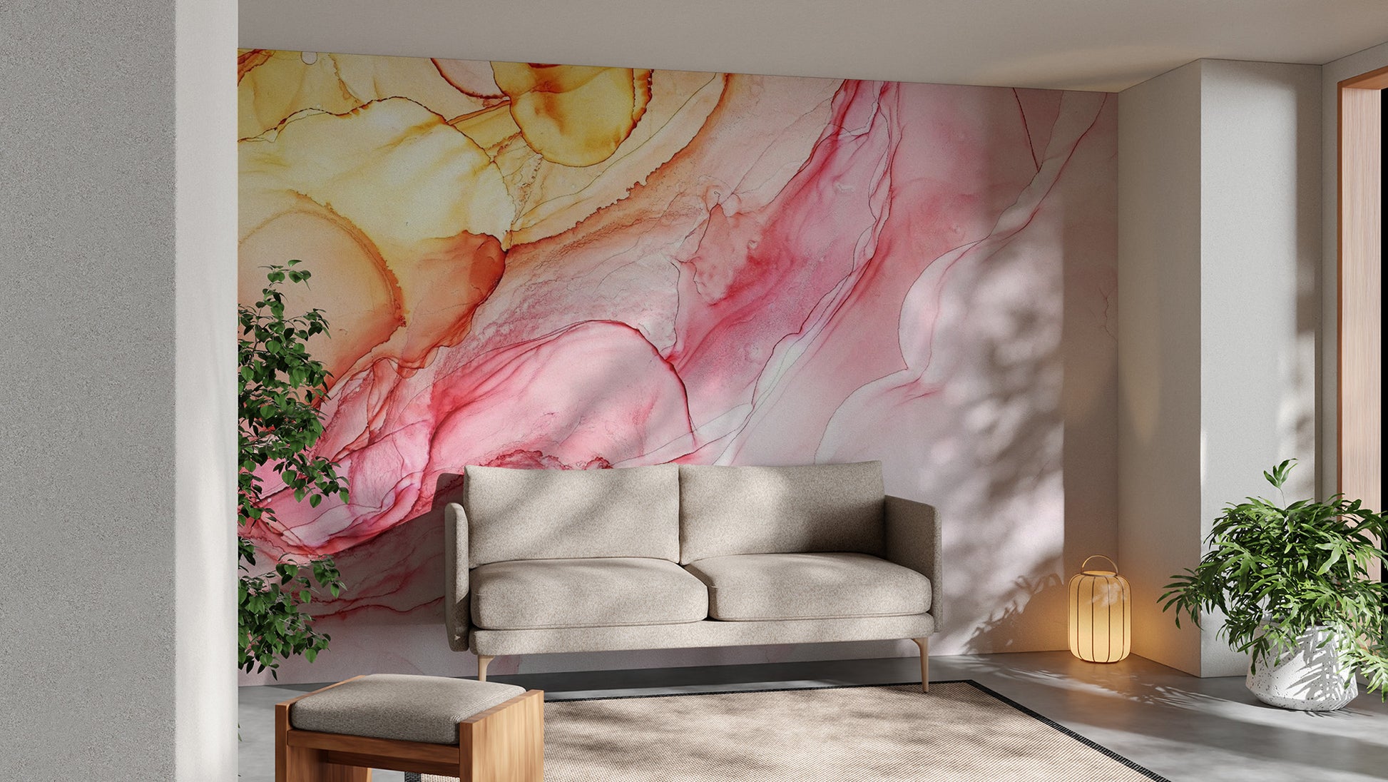 Durable abstract alcohol ink painting murals wallpaper in a hotel suite.