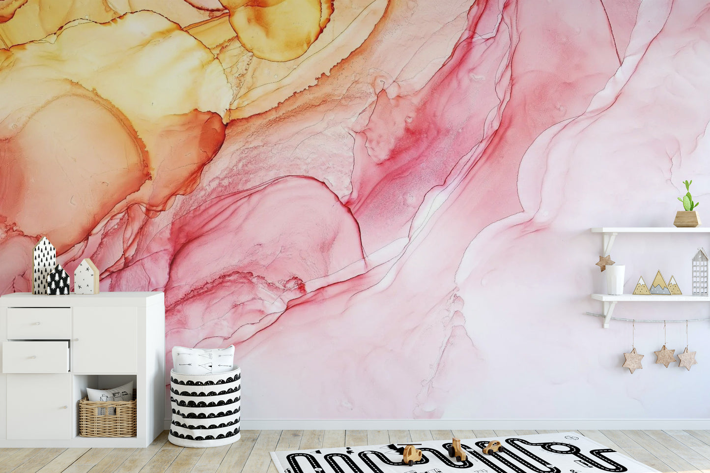 Self adhesive wall mural with pastel ink swirls in a kidsroom.