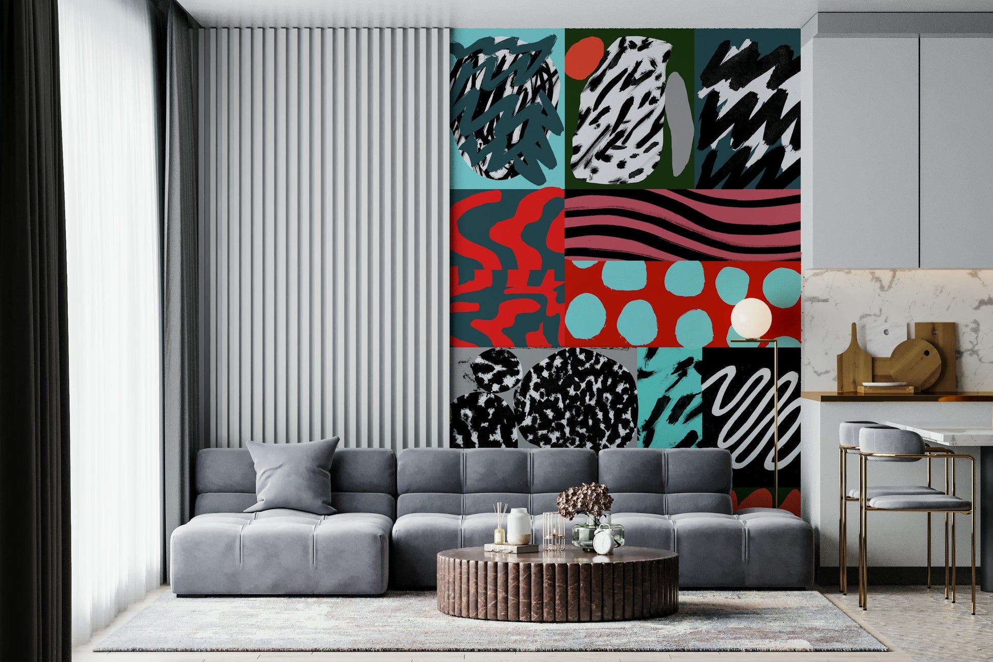 A peaceful geometric design mural on decorative wallpaper.

