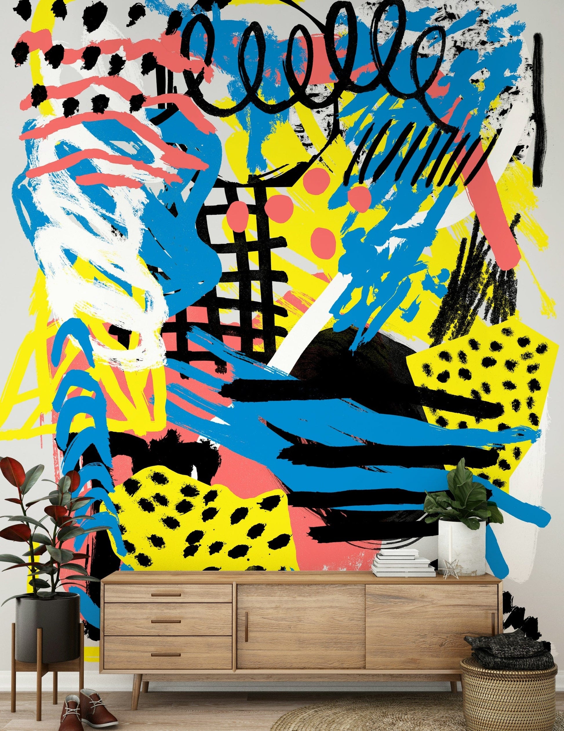 A peaceful modern abstract mural on decorative wallpaper.