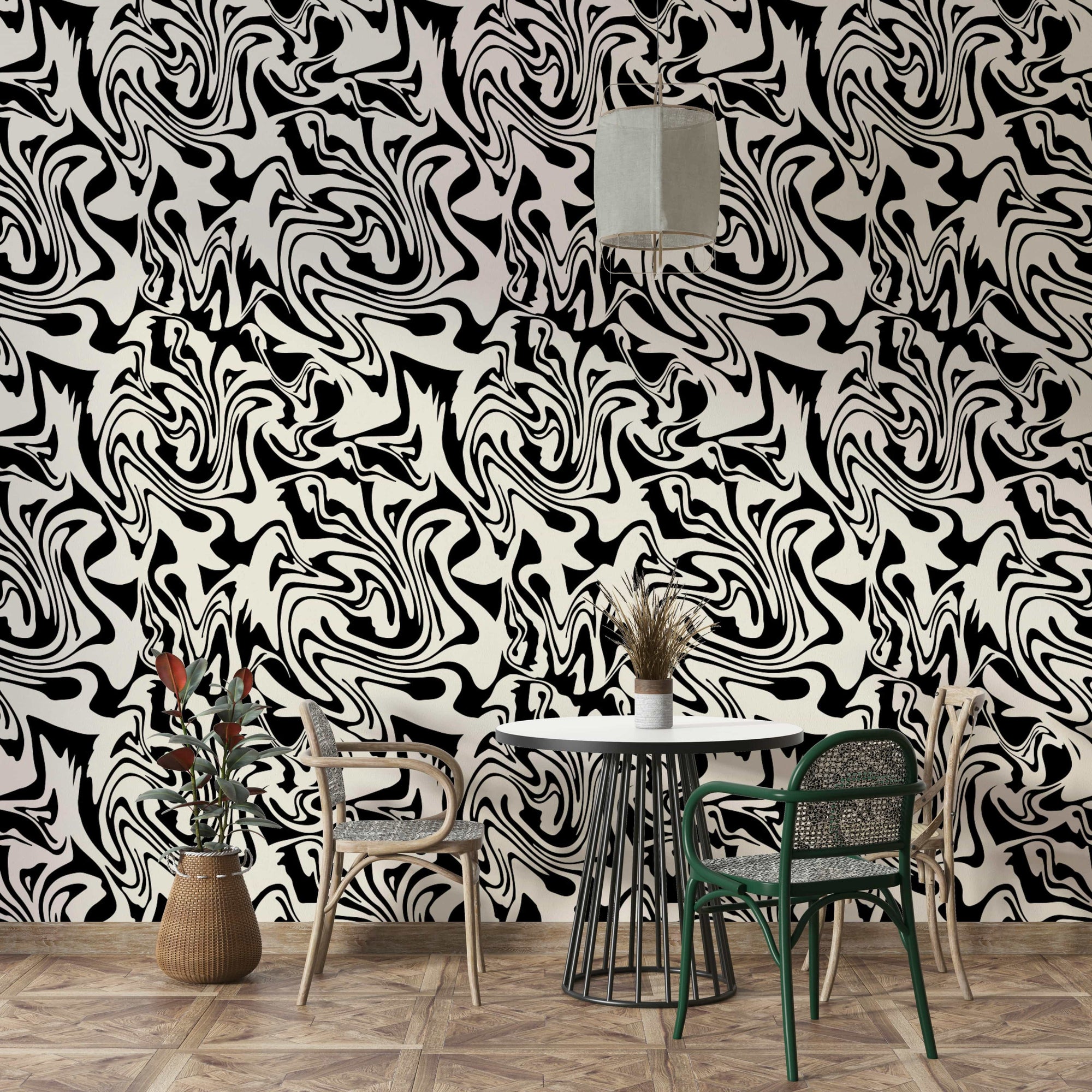 Bold black and white  swirl pattern wallpaper.
