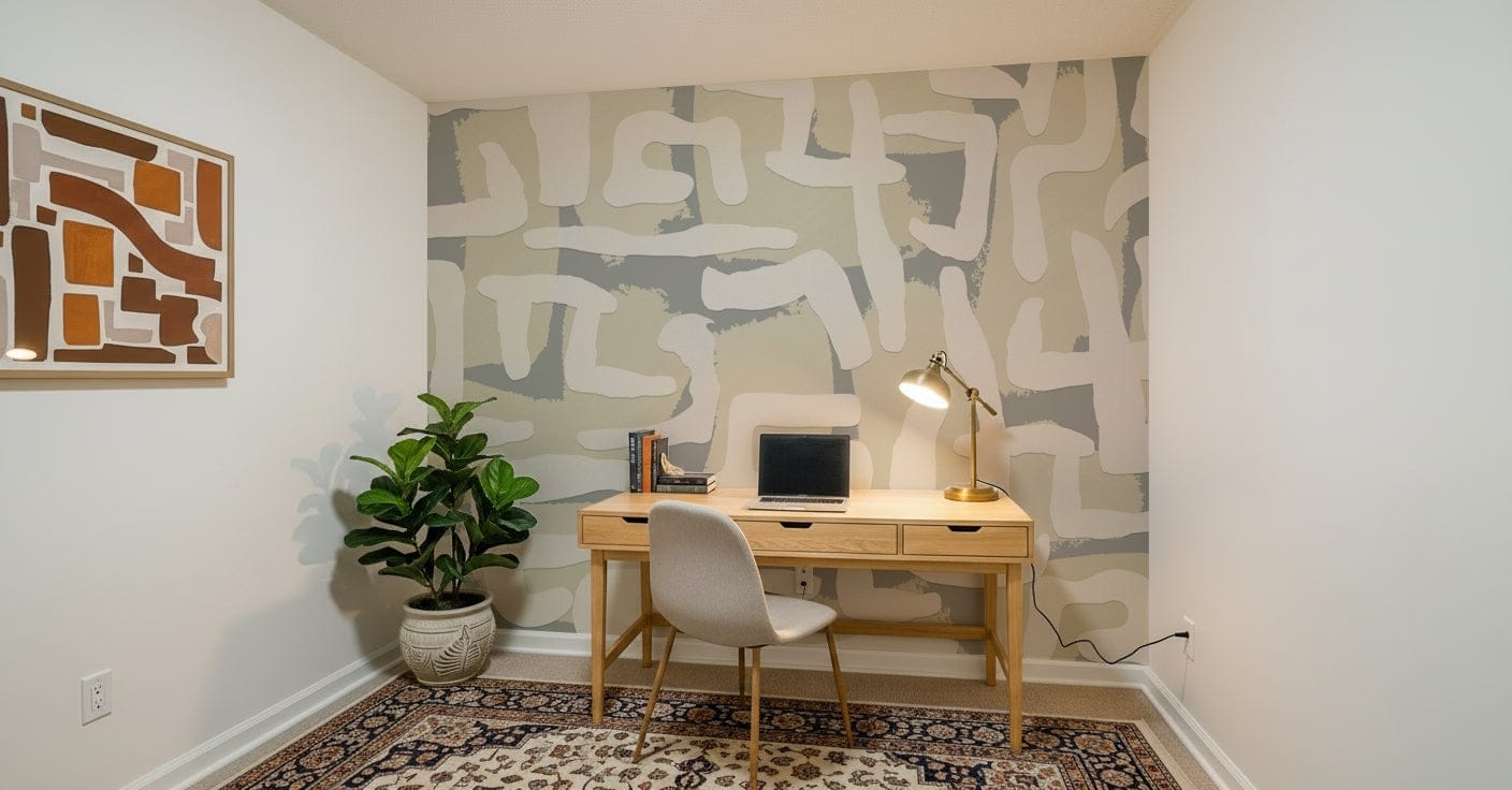 Abstract terrain mural on dining feature wall, muted colors